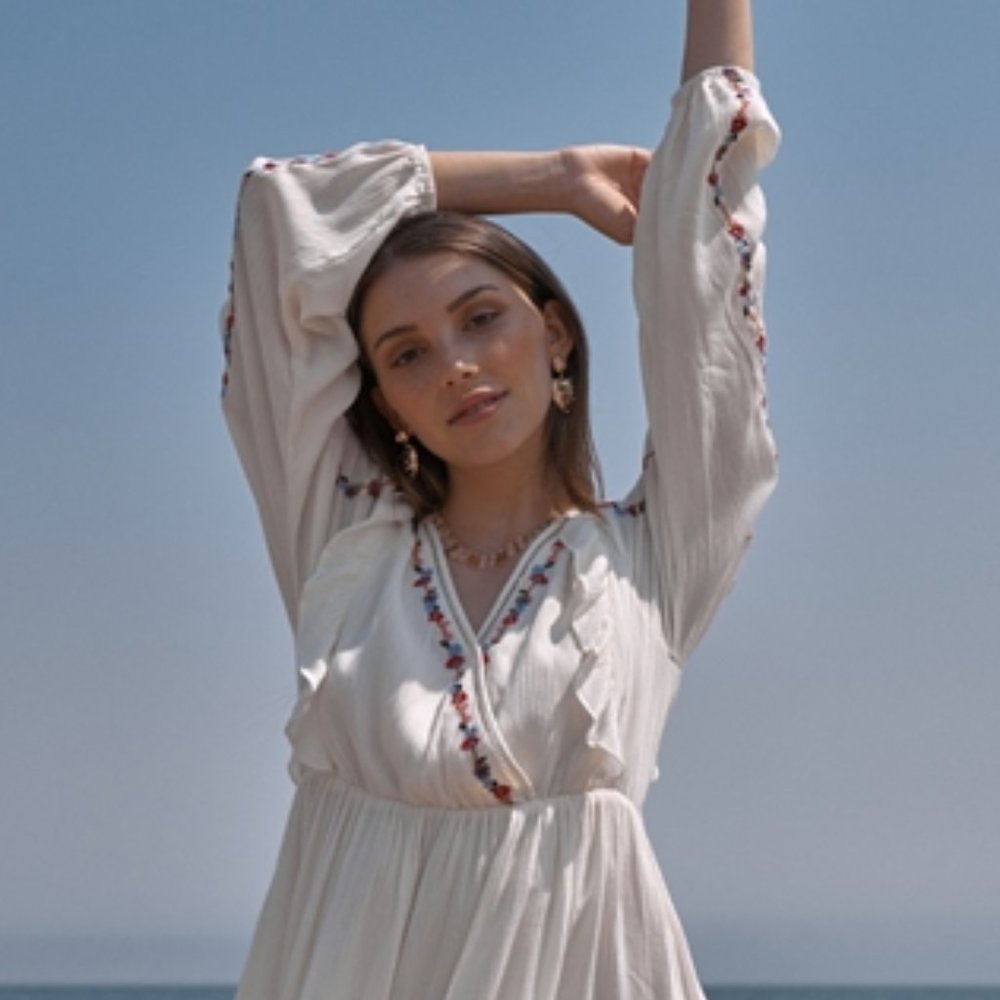 Boho Floral Embroidery Wrap V Neck Ruffle Mini